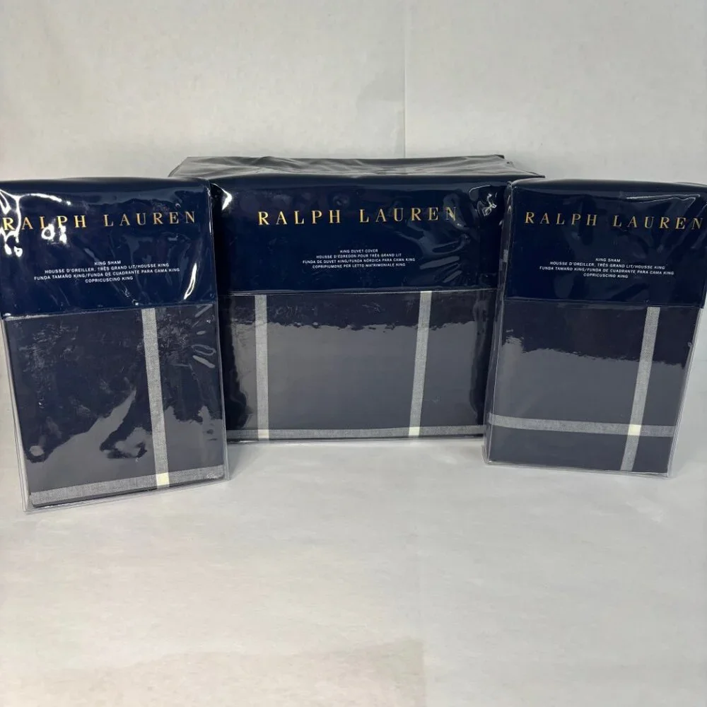 NWT Ralph Lauren Modern Equestrian Windowpane Navy/Cream King Duvet/shams set